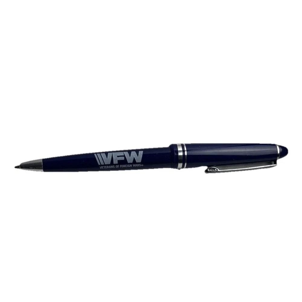 Vintage VFW Veterans Of Foreign Wars Ballpoint Pen Navy Blue Chrome Trim Ink